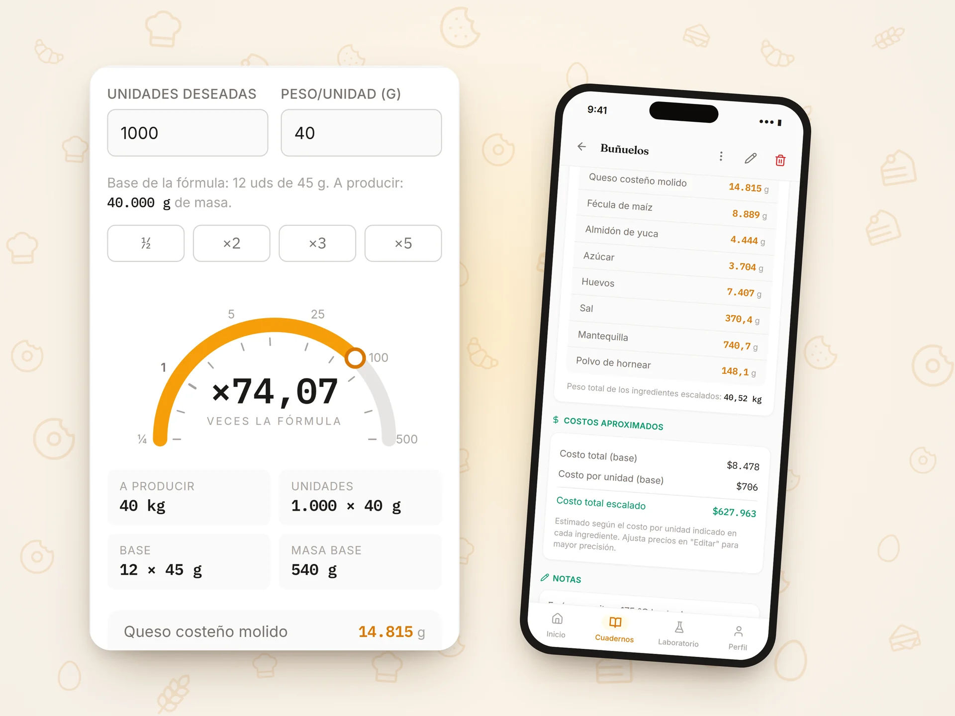 Calculadora de escalado de Hornea: 1000 buñuelos de 40 g dan 74 veces la fórmula y 40 kg de masa