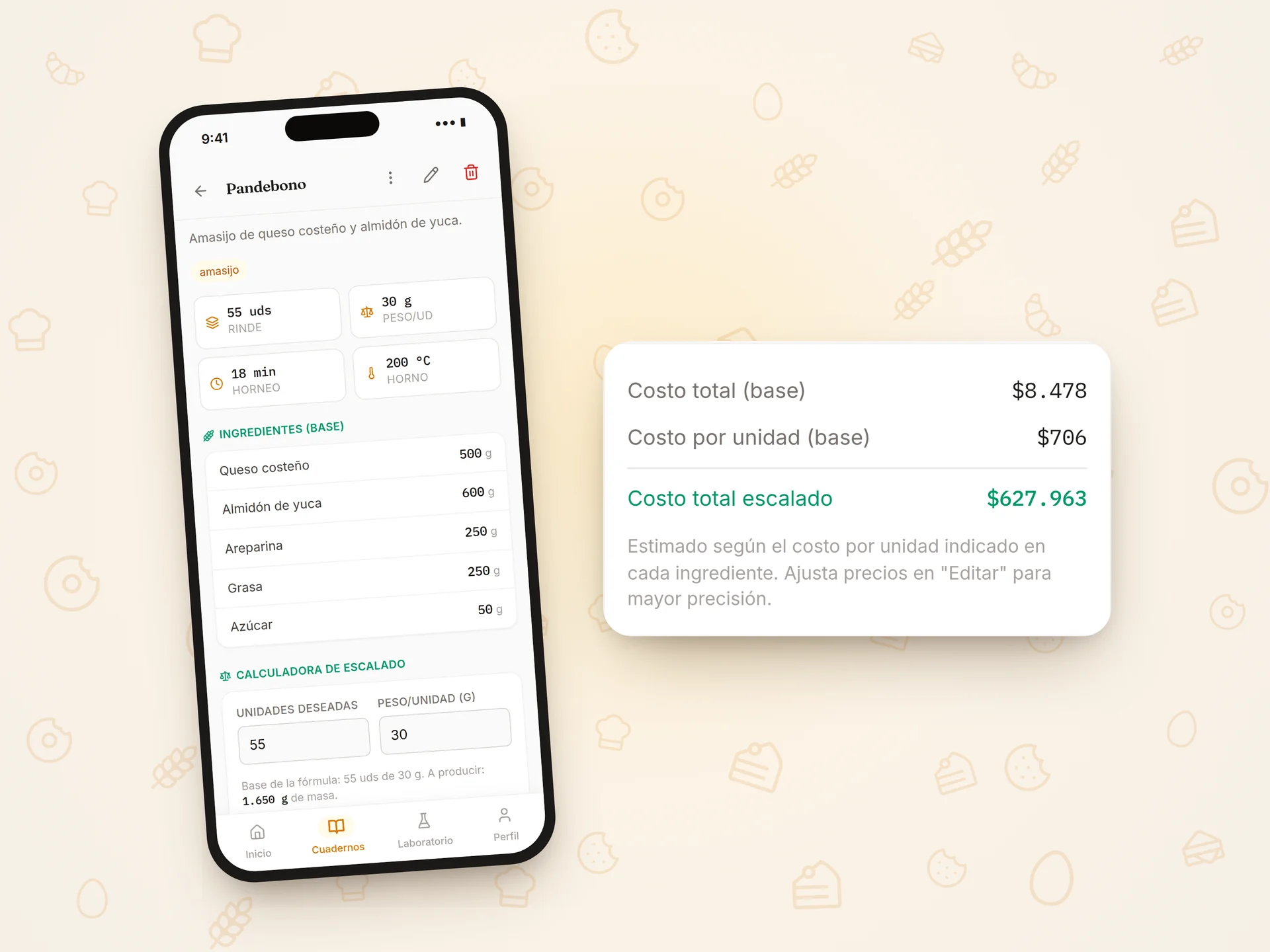 Costos aproximados de una fórmula en Hornea: costo total, por unidad y escalado