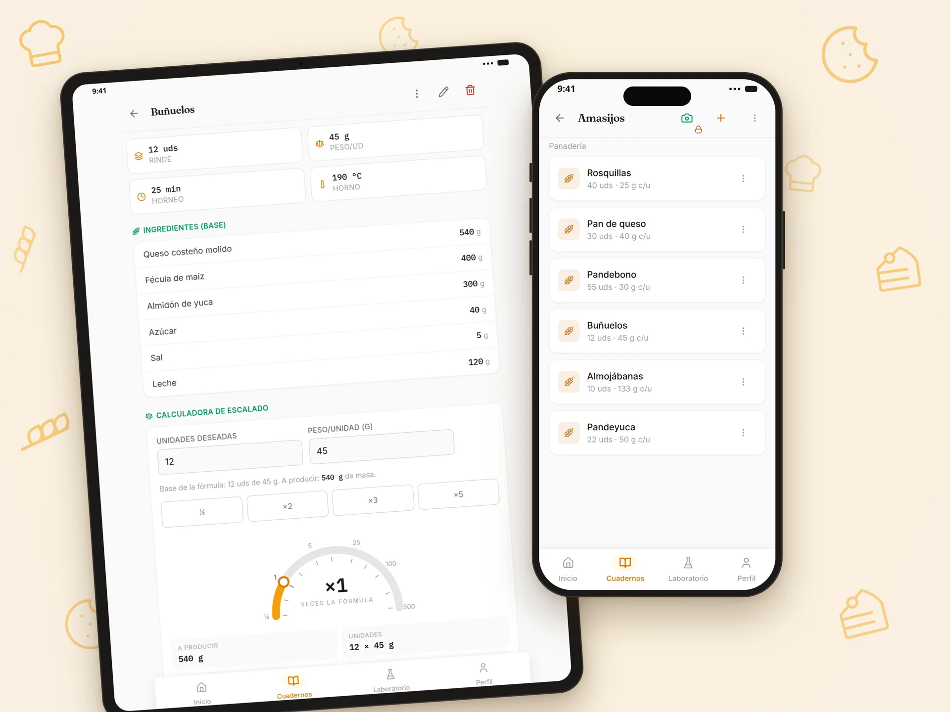 Recetario de Hornea en tablet y teléfono, organizado en cuadernos y categorías